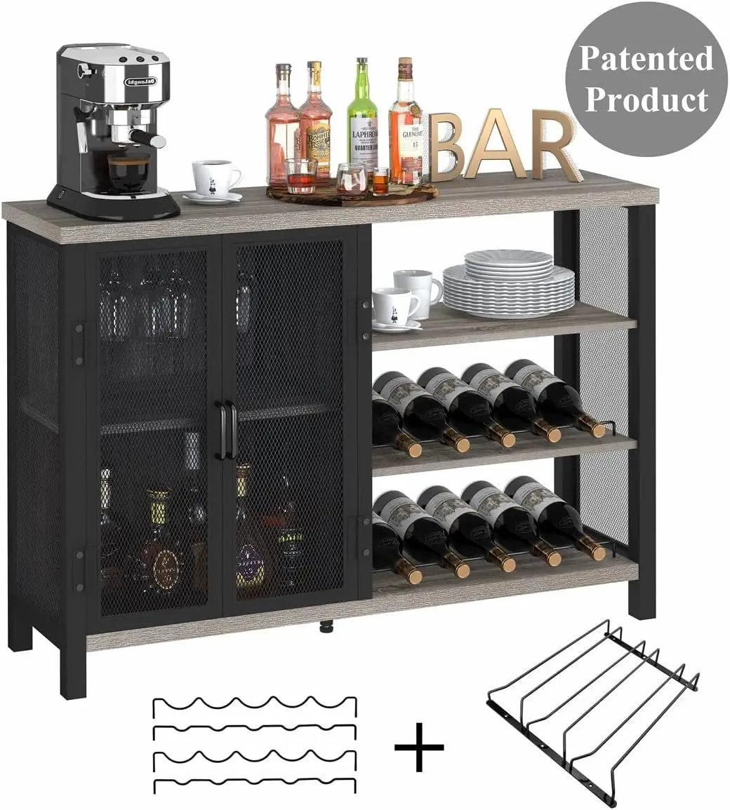 BON AUGURE Industrial Home Bar Cabinet with Wine Rack, Rustic Liquor Cabinet Bar for Home, Coffee with Storage