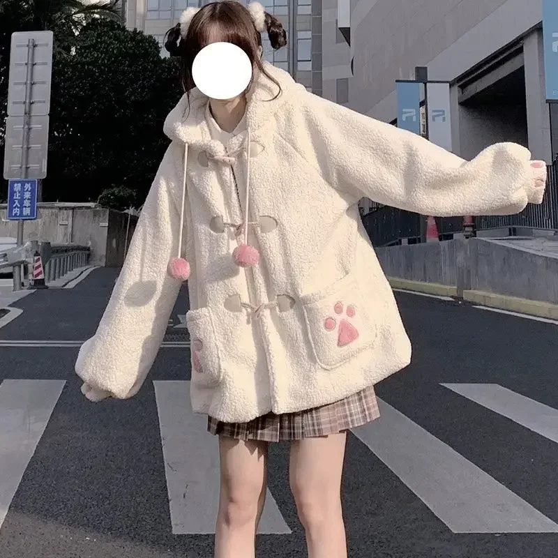 Autumn Winter Japan Style Jacket Lolita Lamb Wool Thickened Kawaii Panda Ear Hat Claw Hooded Coat Women College Youthful Parka winter warm thickening wool gloves cat claw knitted fingerless flip gloves thick gloves without fingers mittens glove women