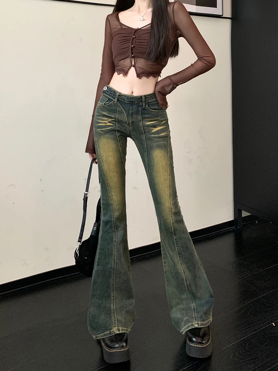 Real time photo of retro jeans for women in autumn 2023, new low waisted, slimming and sexy design, micro speaker pants trend real time 2023 autumn winter jeans women s retro blue pants casual new straight tube washed old drawstring loose wide legs