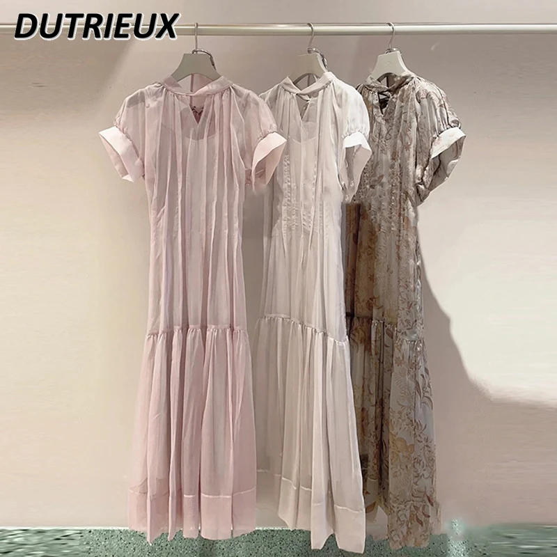 

Spring/Summer New Chiffon Dress Solid Color Sweet Elegant Dress for Women Waist-Controlled Lace-up Pleated Short Sleeve Dress
