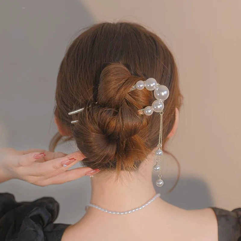 Fashion U-shaped Metal Hair Clip With Pearl Pendant For Women Elegant Hairpin Head Hair Clasp Jewelry Accessory Bridal Headdress