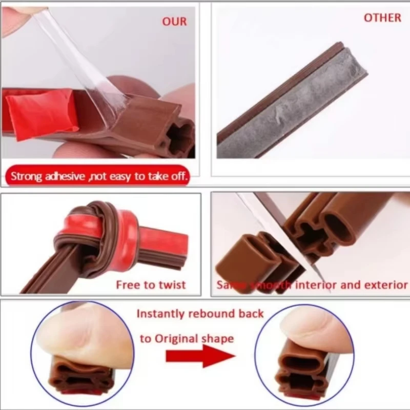 1 Pack 6 Meters Self Adhesive Silicone Seal Strip for Entry Door Windproof and Soundproof Door Gap Filling Material Coffee