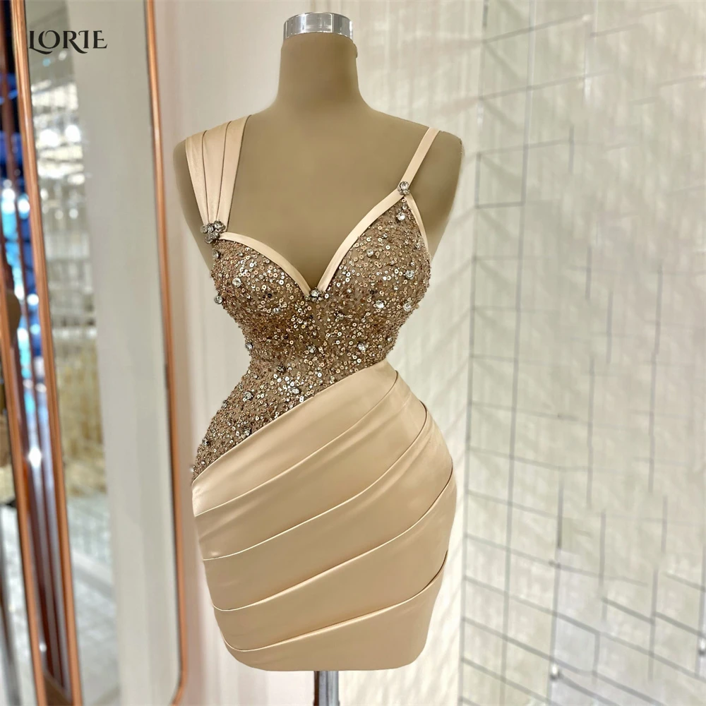 LORIE Champagne Cocktail Party Gowns Beaded Pleats Mini Formal Evening Dresses Bodycon Dubai Arabia Gown robe de soir&eacute;e femme
