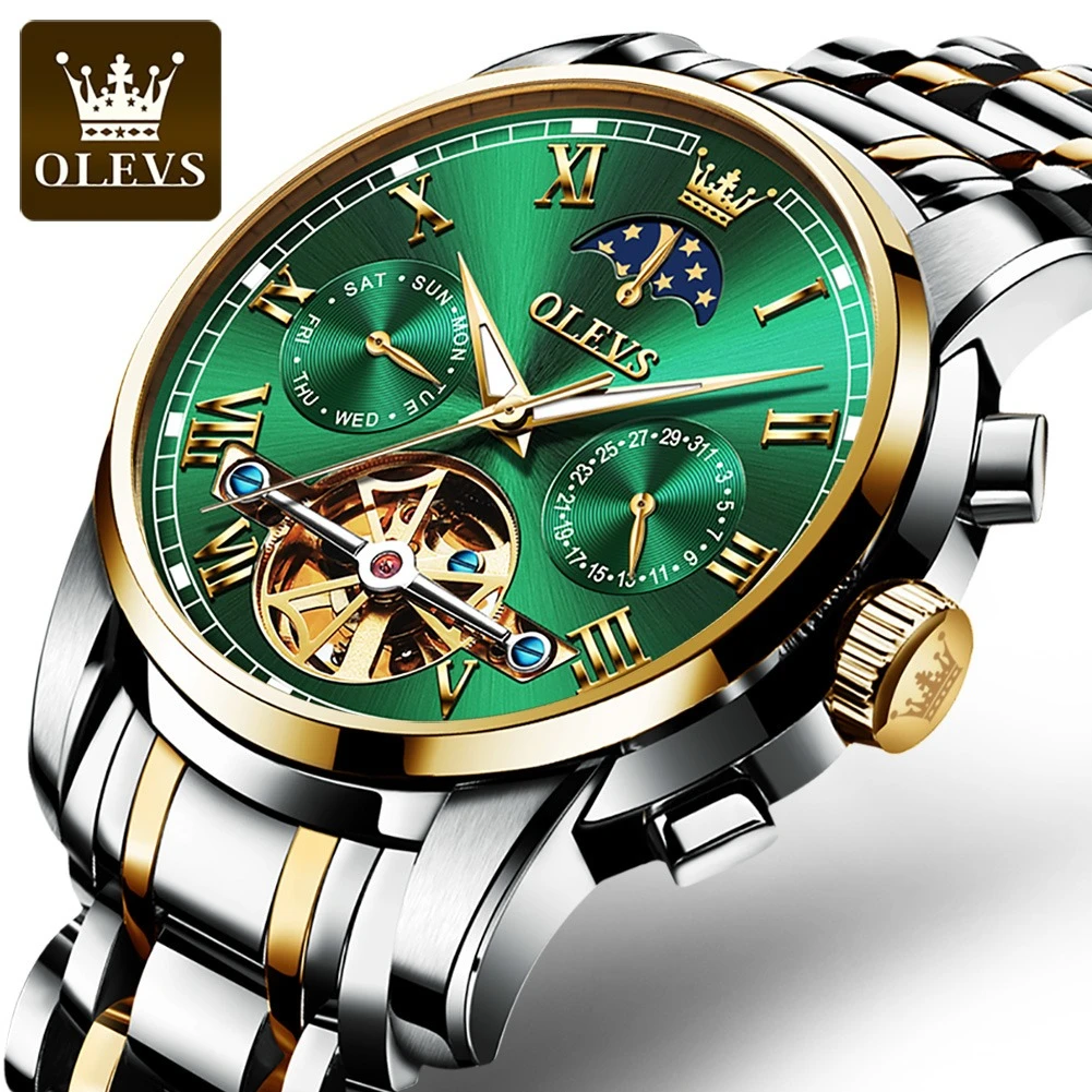 

OLEVS 6617 Fashion Mechanical Watch Gift Stainless Steel Watchband Round-dial Moon Phase Week Display Calendar