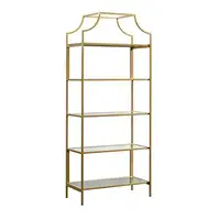 Gold Satin Finish Metal Bookshelf 5 Tier Glass Shelving Unit Office Kitchen Living Room 30"x14.49"x70.87" Assembly Required 1