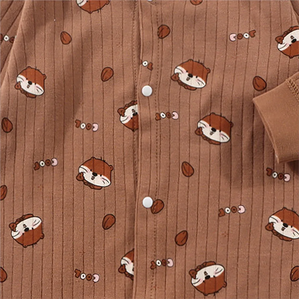 Baby Cartoon Print Long Sleeve Romper, Newborn Infant Ribbed Cotton Jumpsuit Multi-Color Baby Onesie for Spring Autumn