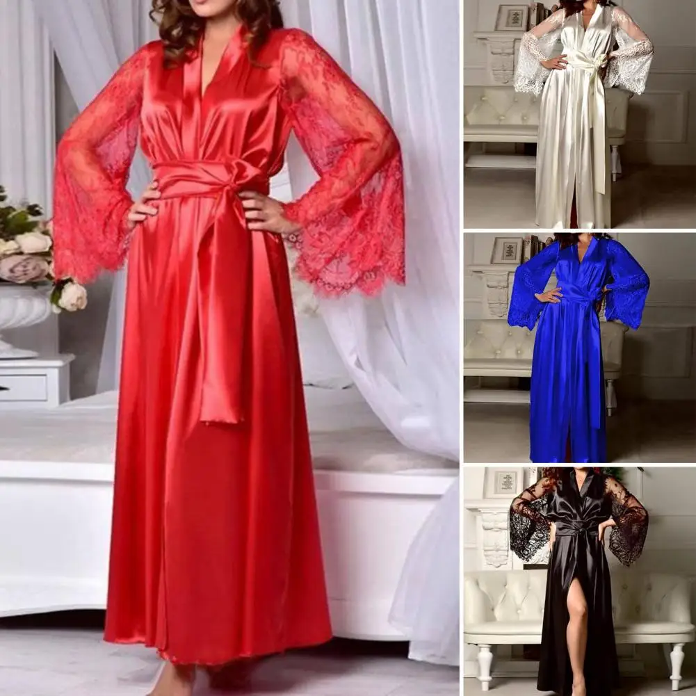 

Lady Sleeping Gown Open Stitch Lady Nightgown Cardigan Maxi Length Trendy Ankle Length Lace Up Lady Pajamas