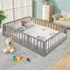 Queen Size Montessori Floor Bed, Multifunctional Wood Bed Frame with Fence & Door for Children Boys Girls Bedroom Living Room 1