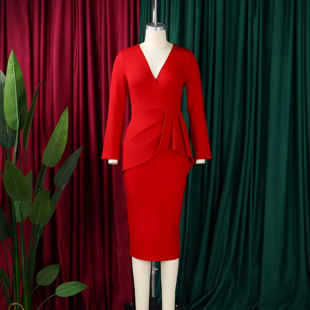 Neuestes Design Frühling Casual Bodycon Midikleid V-Ausschnitt Langarm Gerafftes Elegantes Afrikanisches Kleid für Büro und Kirche – Detail 6
