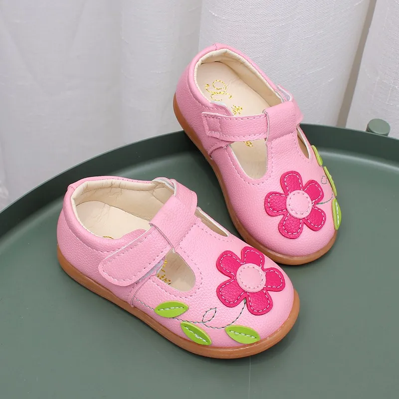 Children Leather Shoes Sweet Chic Princess Shoes for Girls Walking Causal Hollow-out Kids Fashion Flat Non-slip Hook Loop