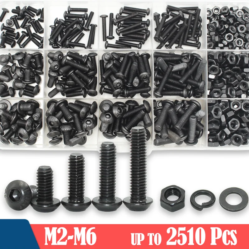 2510p Round Hex Cap Screw kit M2 M2.5 M3 M4 M5 M6 Black 10.9 Grade Socket Button Head Allen Drive Bolt Nut Washer ISO7380