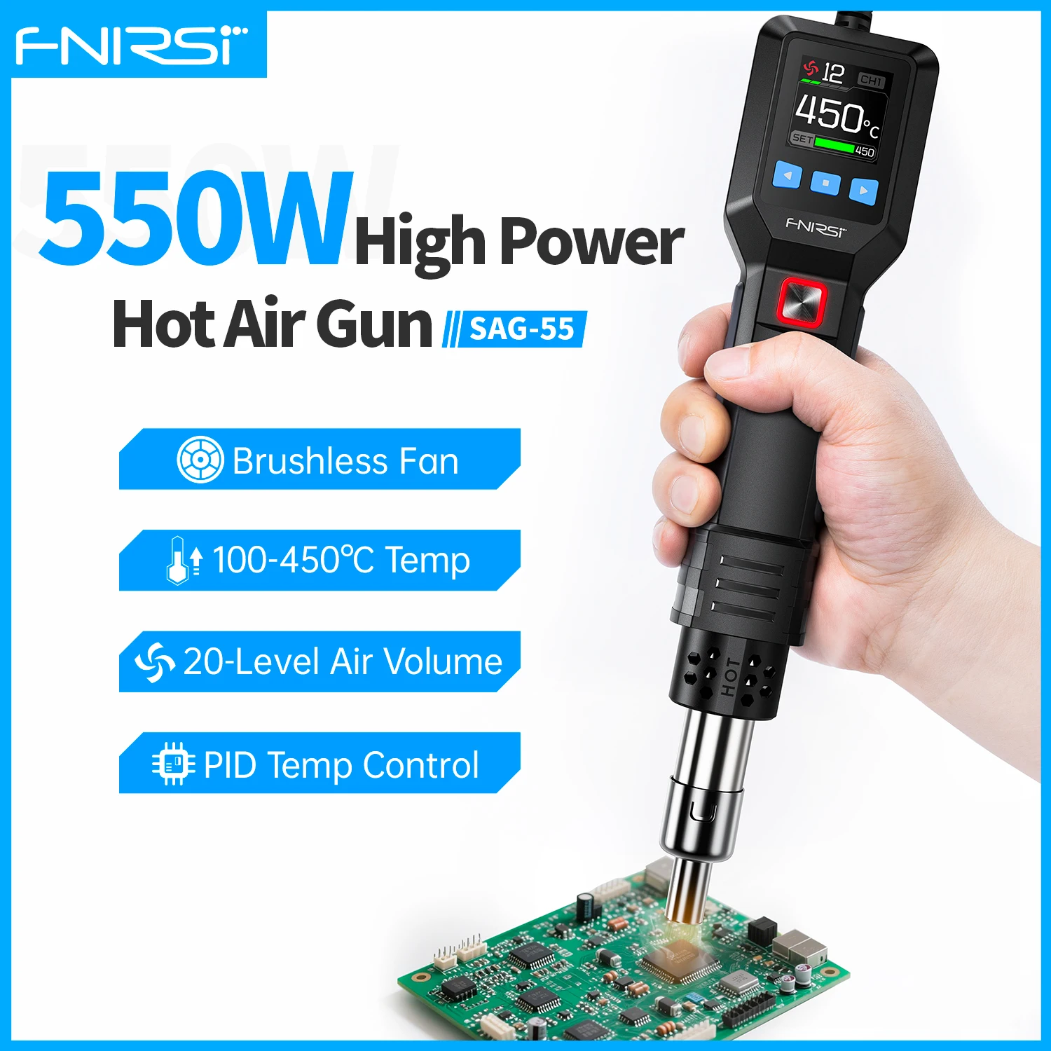 FNIRSI SAG-55 550W Hot Air Gun with Stand Rework LCD Digital Hair Dryer Adjustable Temperature Heat Gun for Phone Repair Tools