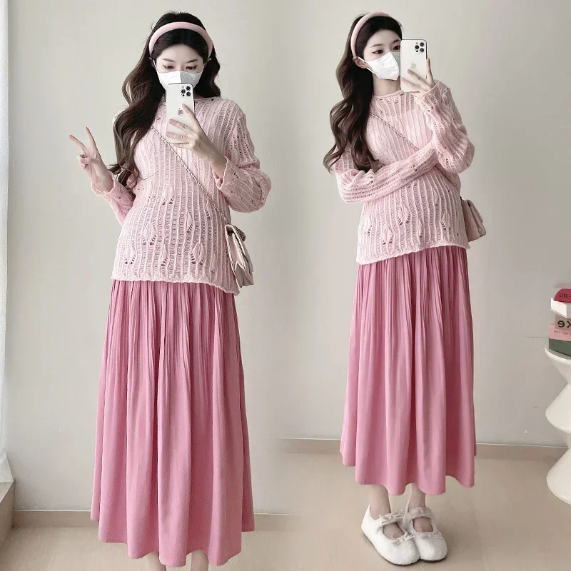 Factory Price Korean Style Fashion Maternity Belly Skirts Long Loose High Waist Pregnant Woman Empired Pleated Skirt Maxi Skirt