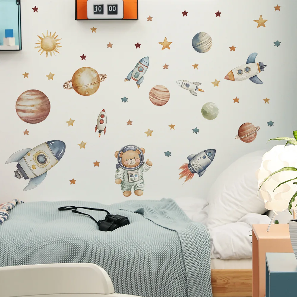 Cartoon Bear Astronaut Rocket Wall Stickers For Kids Room Background Decoration Mural Baby Bedroom Home Decor Removable Decals 5