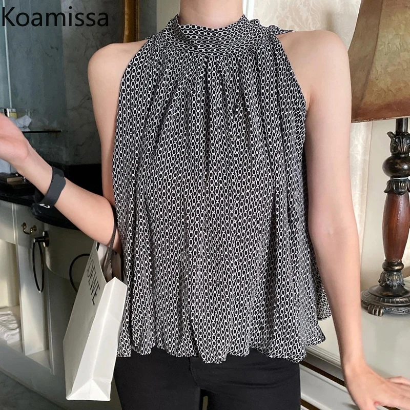 

Koamissa Summer Women Retro Shirt Chiffon Stand Collar Blouse Front Back Wearing Straps Open Back Design Loose Sleeveless Blusa