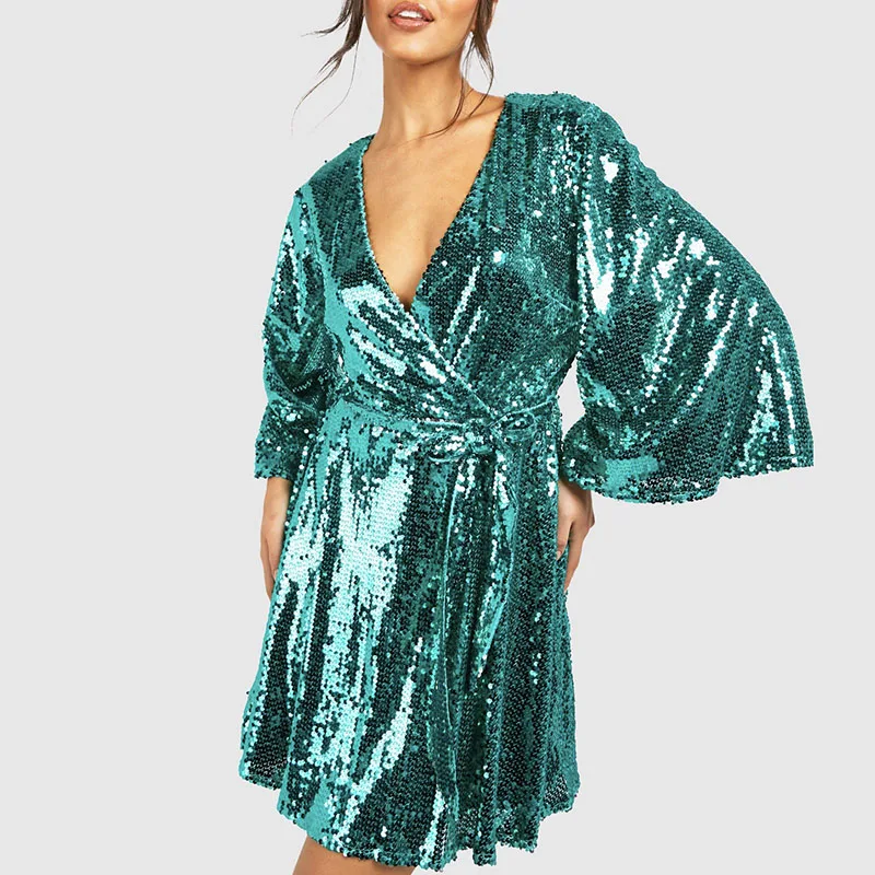 

Sexy Wrap V-neck Belted Evening Dress Women Spring Glitter Sequin Sharkly A-Line Mini Dress Autumn Long Sleeve Hollow Lady Dress