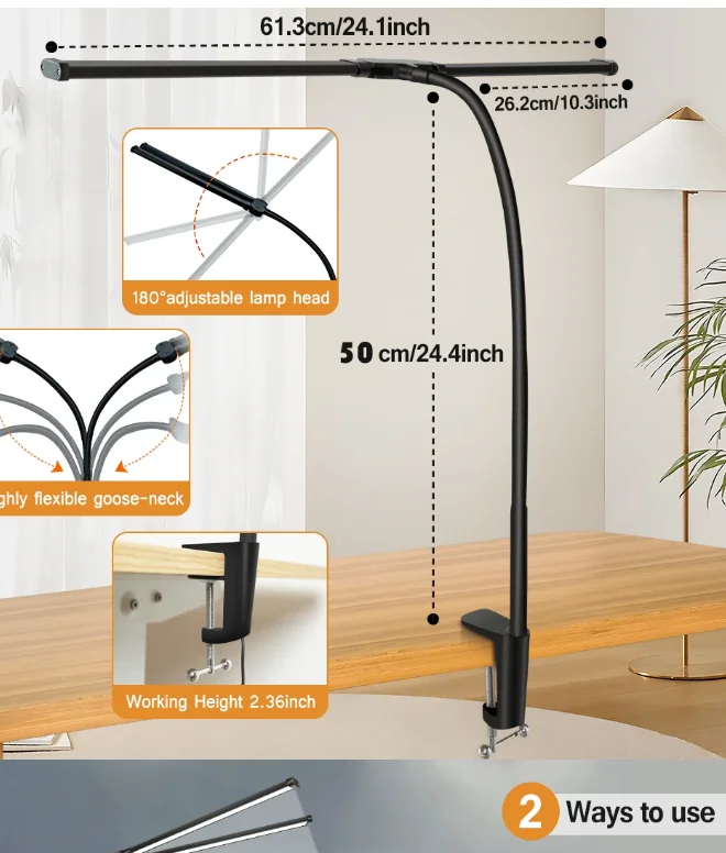 LED Double/Single Head Reading Desk Lamp Foldable Swing Arm Table Lamp with Clip Dimmable Workstation Office PC Eye Protection 6