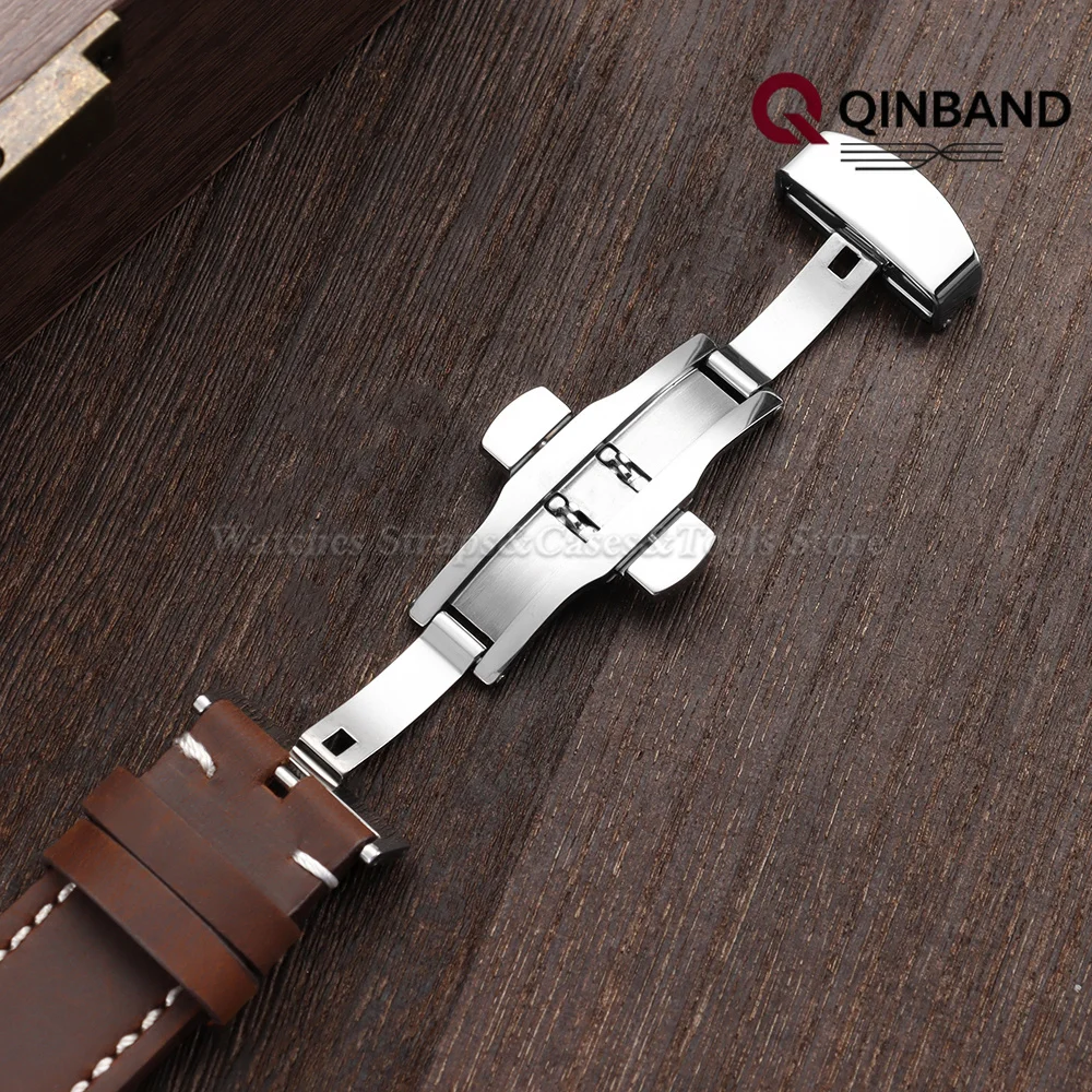 Elegant Butterfly Buckle Genuine Calfskin Leather Watch Strap - Black and Brown Options