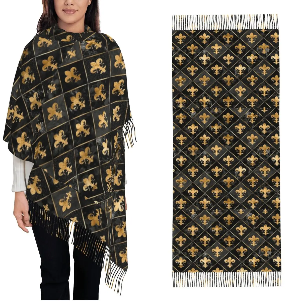 

Fleur De Lys Black Marble Scarf for Womens Fall Winter Pashmina Shawls and Wrap Long Large Scarves with Tassel Lightweight