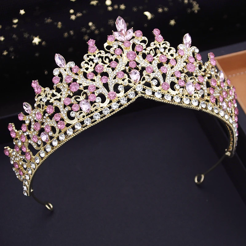 Princess Queen Wedding Crown Strass Crystal Bridal Diadema Pink Headdress Girls Diaras Prom Bride Hair Jewelry