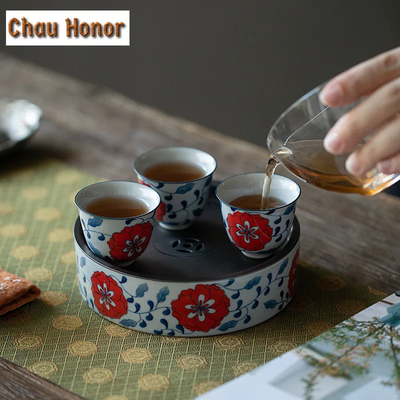 2pc/Set 45ml Pure Hand-painted Peony Flower Art Tea Cup Blue And White Small Ceramic Single Master Cup Household Kung Fu Teaware