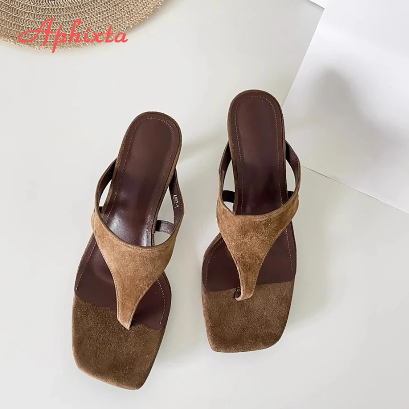 Aphixta Women Classic Slides Cow Suede Thin Heels Slippers For Women Summer Beach Sandals Outdoor Flip Flops Ladies Shoes