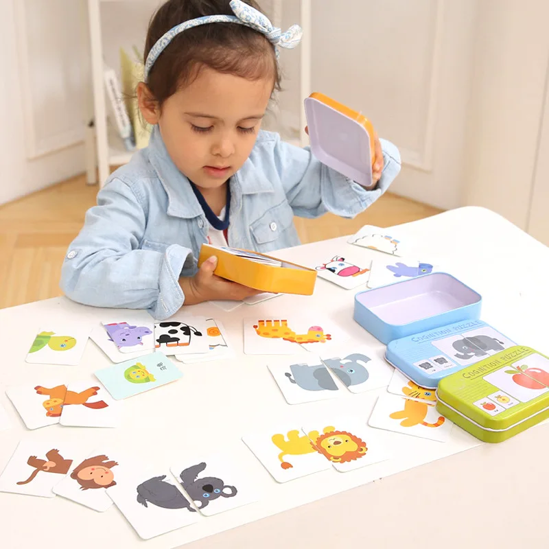Montessori Puzzle Toy Baby Cognitive Cards Toys Cards Matching Game Kids Car Fruit Animal Life Puzzle Iron Box Learning Toy Gift 2