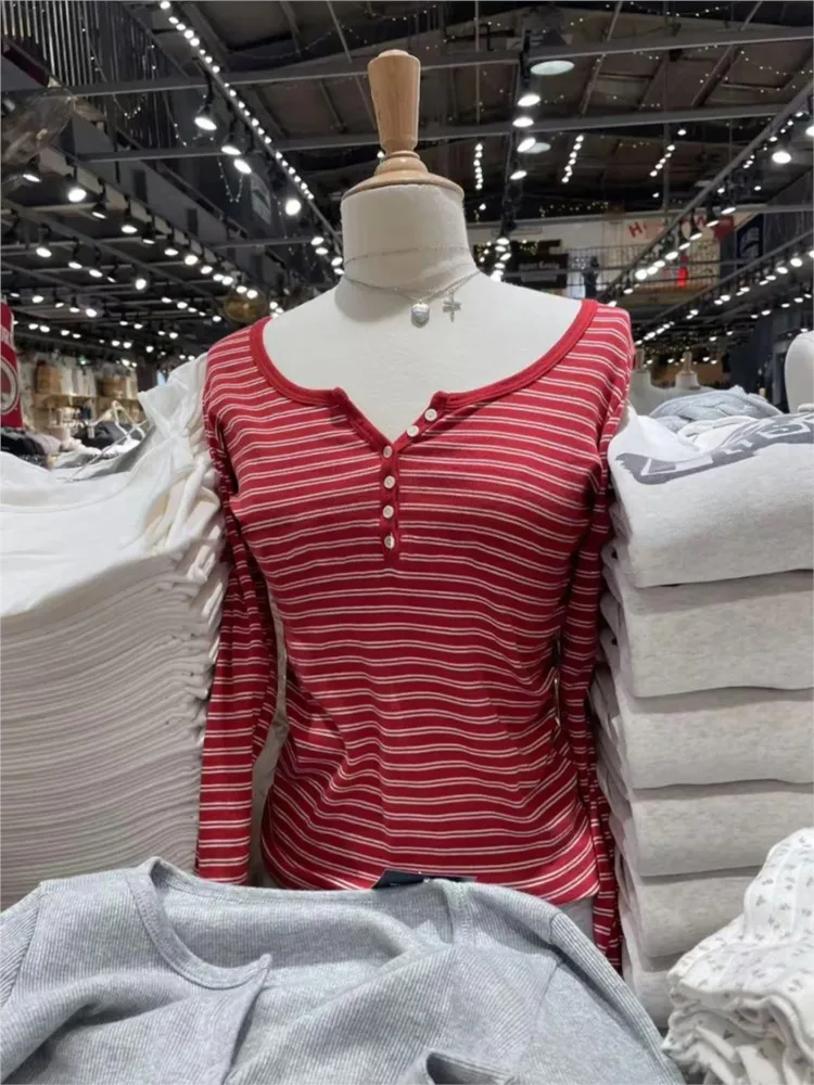 Autumn Red Striped Patchwork Long Sleeve Tees Women Casual Chic Cotton Buttons T-shirt Sweet Preppy Style Slim Tshirt Y2K Tops