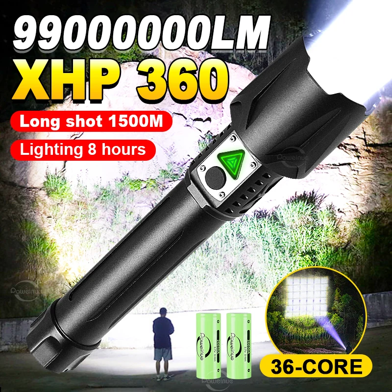 99000000lm Xhp360 Powerful Flashlight Rechargeable 500w Torch Light