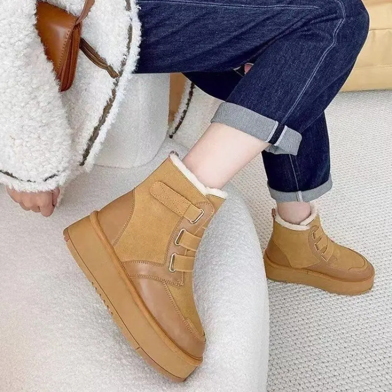 Autuspin Winter Snow Boots Women Genuine Suede Leather Leisure Shoes Outdoor Basic Keep Warm Wool Ankle Boots Woman Size 35-40