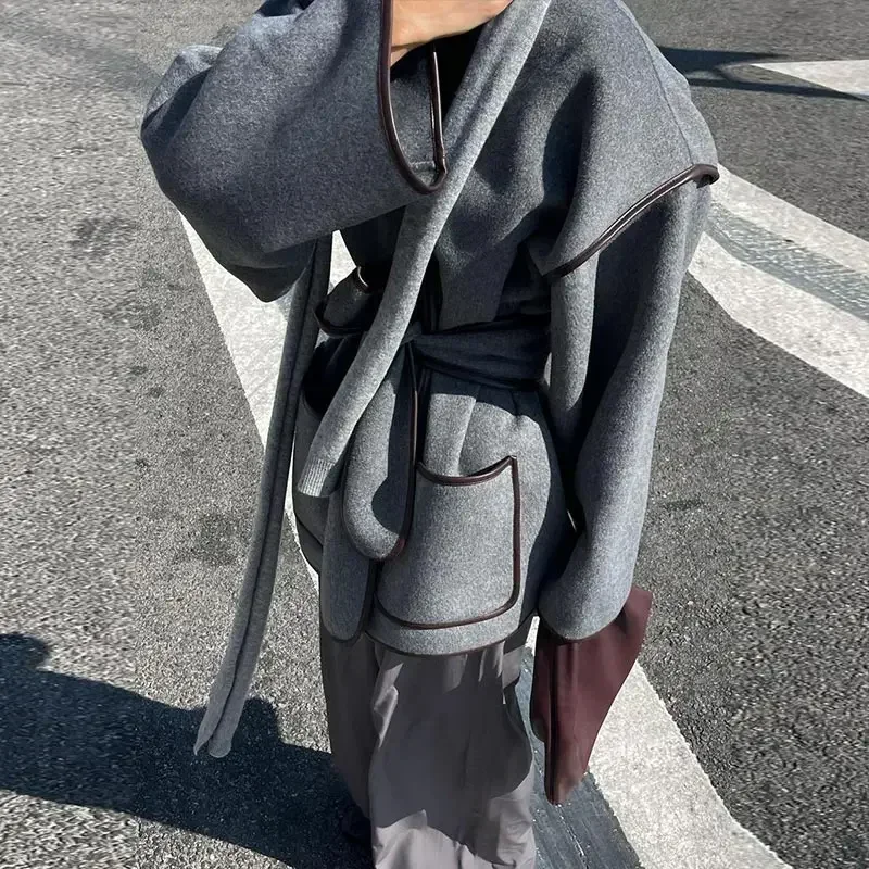 Elegant Patchwork Belt Women's Coats Women Contrast V-neck Long Sleeve Pocket Female Overcoats Autumn Lady New in Outwear
