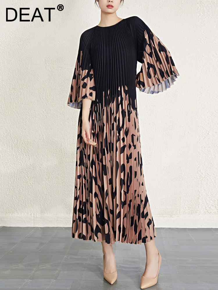 

DEAT Spring 2024 New Women Fashion Pleated Dress Loose Leopard Print Lace-up Pullover Luxury Lady Wedding Party Clothes 15G1147