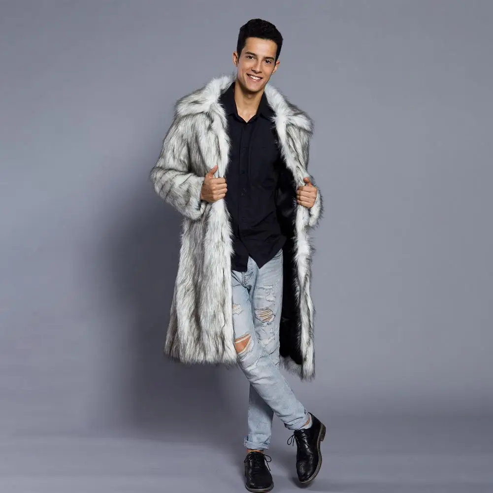 Men Long Faux Fur Overcoat Lapel Long Sleeve Windproof Open Front Coat Thickened Warm Imitation Fur Outwear