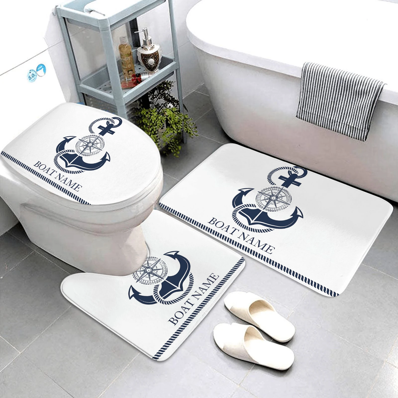 Toilet Lid Cover & U-Shaped Bath Mat Set – Sailboat Anchor Compass Design, Machine Washable, Non-Slip Absorbent Rugs