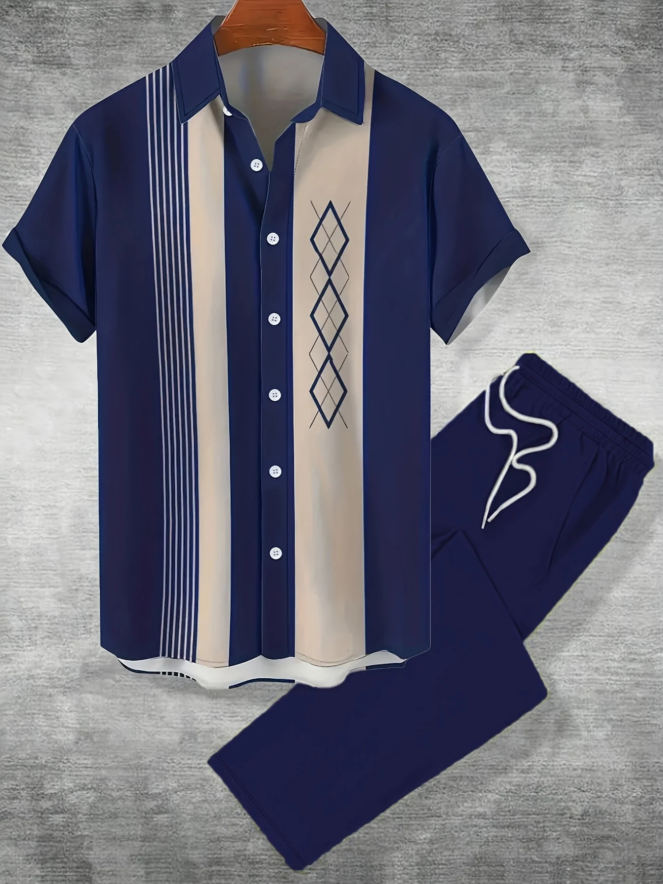 Men's Striped Casual Two Piece Short Sleeve Shirt and Pants Set Casual Summer Outfit Fashion Simple Design