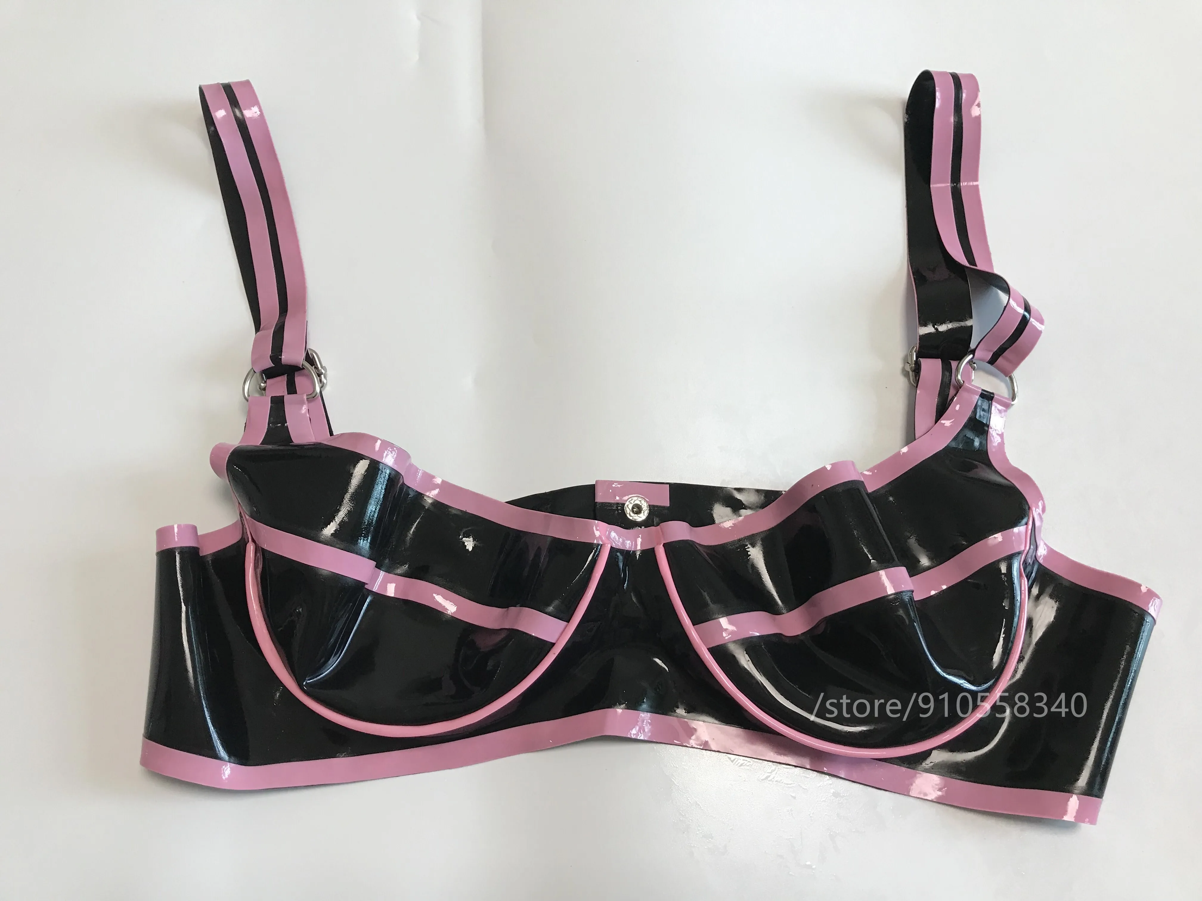 Sexy Lingerie Black Women Latex Bra Fetish Rubber Underwear with Pink Trim Made