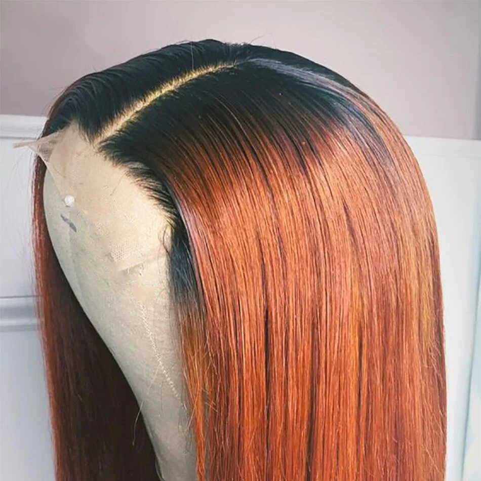 Ginger Orange Lace Front Wig Bone Straight Human Hair Wig for Black Women Ombre Color Short Bob 1B Orange Human Hair Lace Wig
