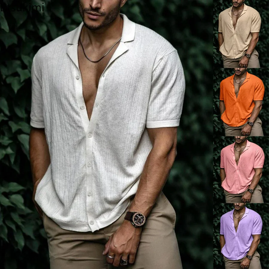 

New2023 Men's Summer Casual Short Sleeve Shirts Turn-down Collar Buttoned Solid Shirts Men Clothes Loose Tops Male Fashion Shirt