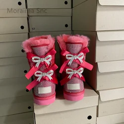 Plush Warm Winter Snow Boots for Women Rhinestone Butterfly Knot Decor Muticolor Slip On High Top Ankle Boots Comfortable Shoes