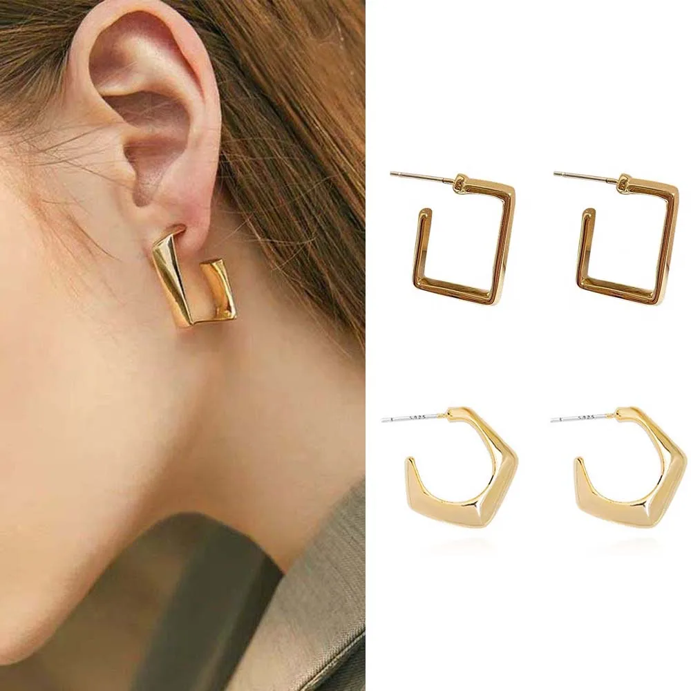 

Geometric Metal Ear Hoop Earrings Female 925 Silver Needle Wild Simple Temperament Personality Earrings