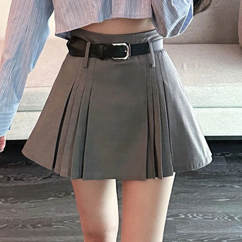 Spicy Girls Pleated Half Skirt Women's High Waist Academy Style Slim A-line Anti glare Short Skirt with Belt