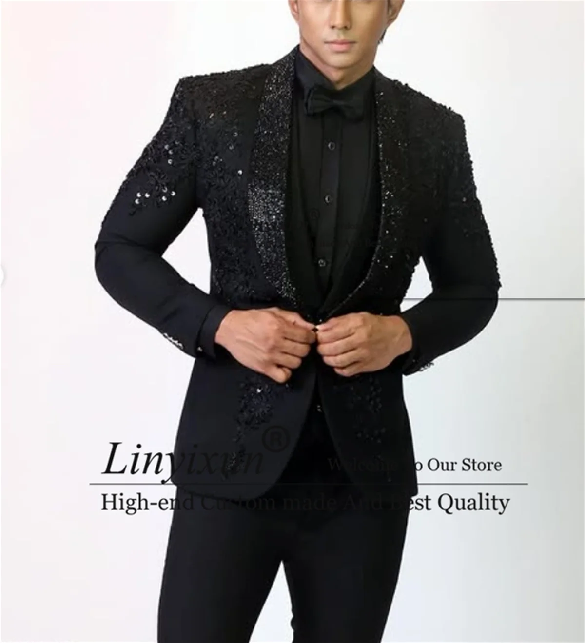 Sparkly Bead Crystal Men Suit Glitter Sequin Prom Blazers Costume 3 Pieces Sets Wedding Groom Tuxedos