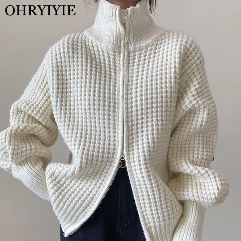 

OHRYIYIE White Black Loose Cardigan Women 2023 New Autumn Winter Zipper Sweater Women Long Sleeve Tricot Knitted Cardigans Coat