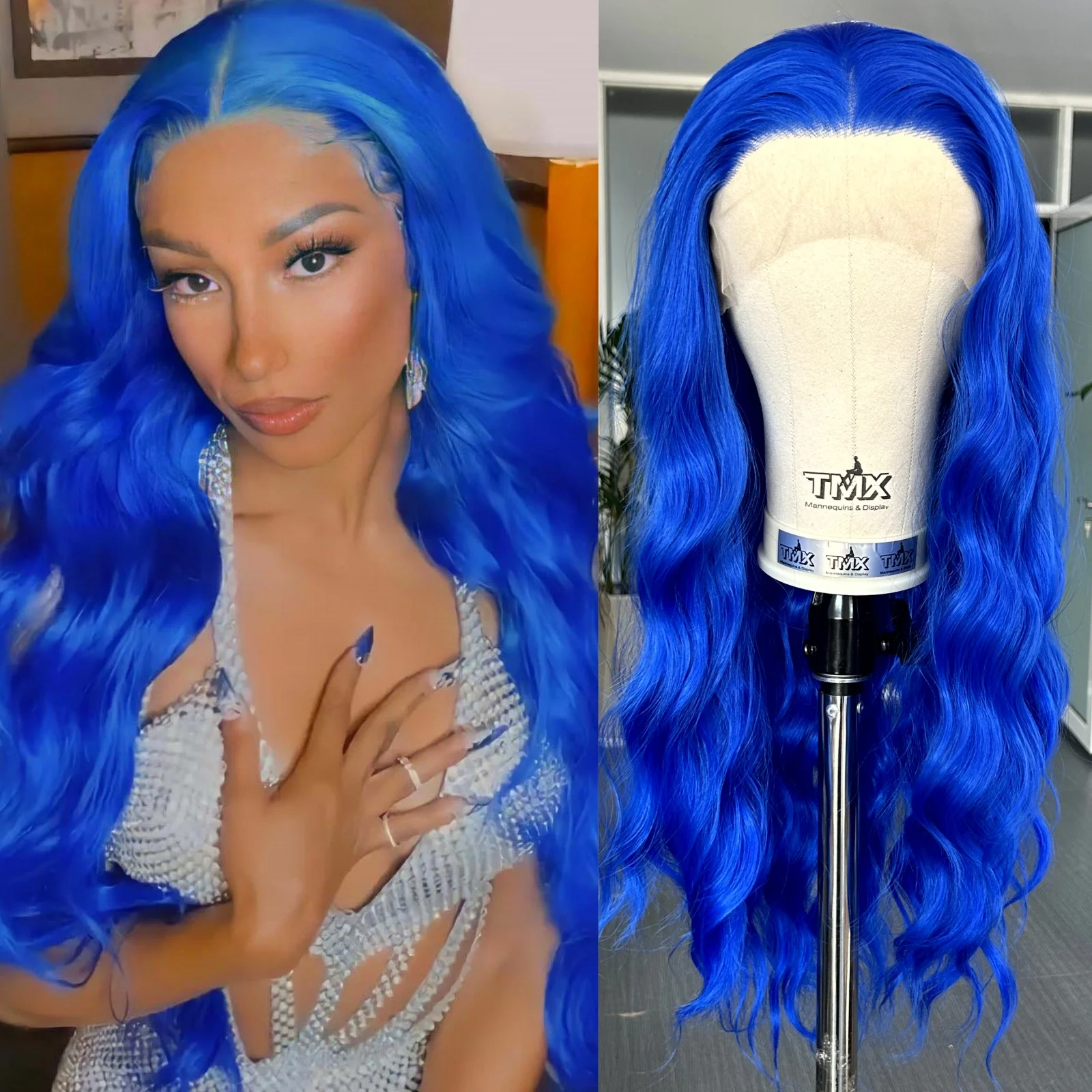 Royal Blue Long Curly Wavy Wig Synthetic Free Part Natural Wave