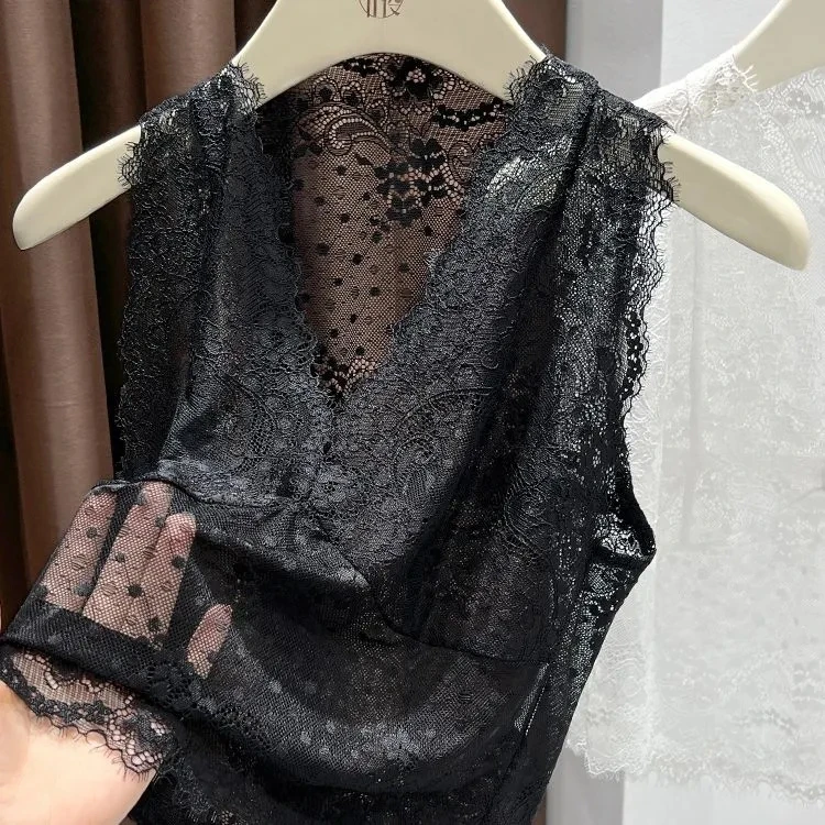 Women's White Lace Sleeveless Vest - Sheer Floral Mesh Layering Top for Elegant Outfits