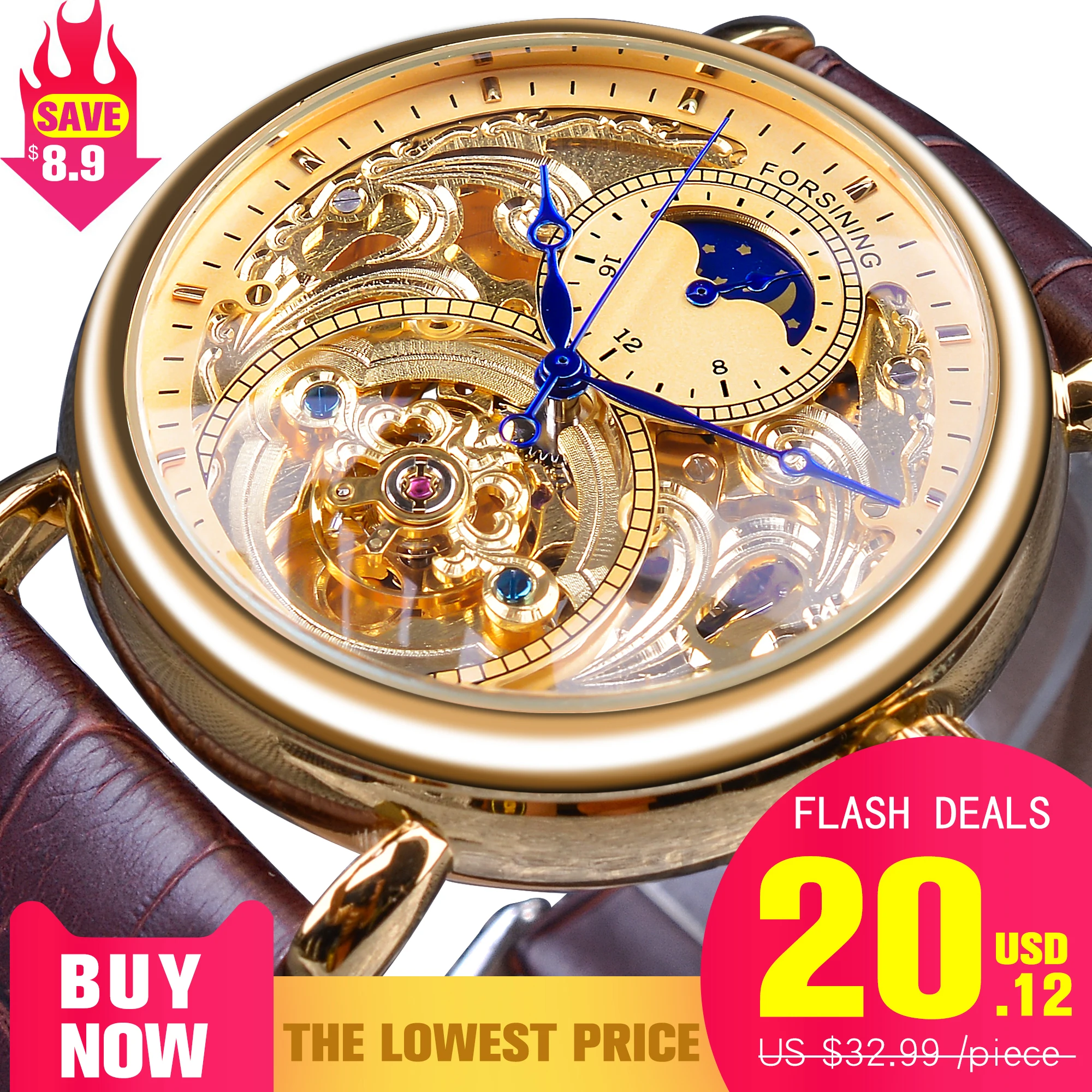 Forsining 2018 Royal Golden Skeleton Display Blue Hands Brown Genuine Leather Belt Mens Mechanical Wristwatches Clock Male лэтуаль twinkle косметичка male brown