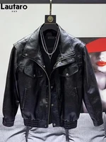 Lautaro Autumn Winter Cool Oversized Black Thickened Warm Pu Leather Jacket Men Stand Collar Zip Up Luxury Designer Clothes 2023 1