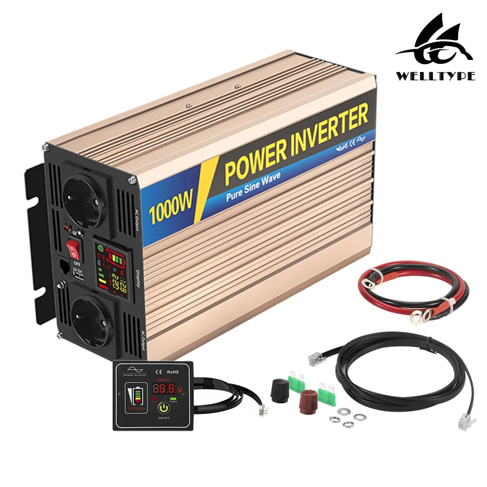 2000W/1000W Power Inverter Dc 12V E 24V Identificazione Automatica A Ac 220V Dual Eu Socket Display Lcd Telecomando
