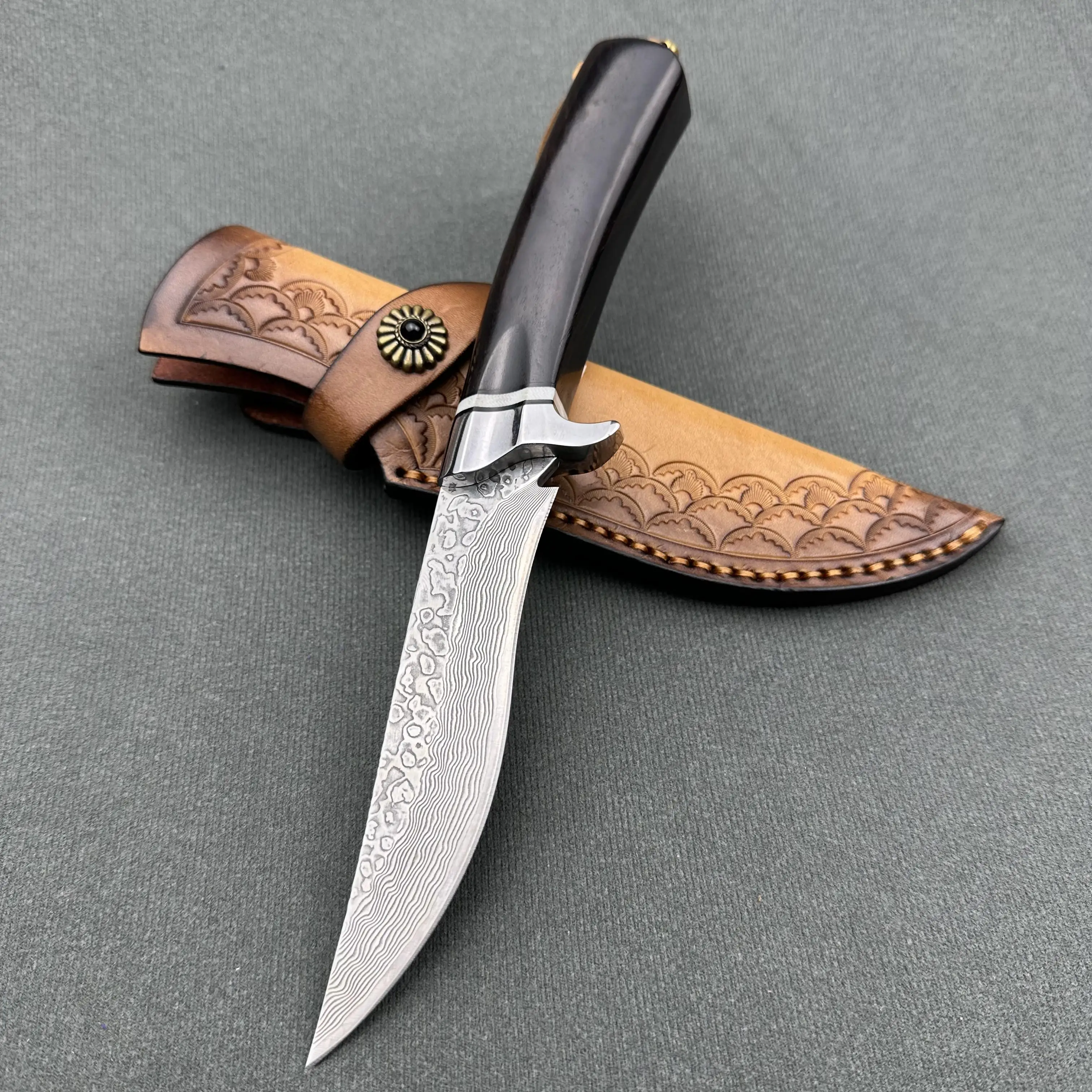 HTS-7 Damascus FEATHER Bowie // Custom // WENGE Wood Handle Amazing gr —  HomeTown Knives