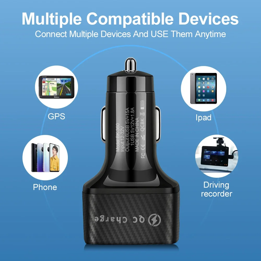 75W 6 Port QC3.0 Car Charger 15A USB Fast Charging For iPhone 15 16 17 14 11 Pro Samsung Xiaomi Huawei Car Mobile Phone Charger